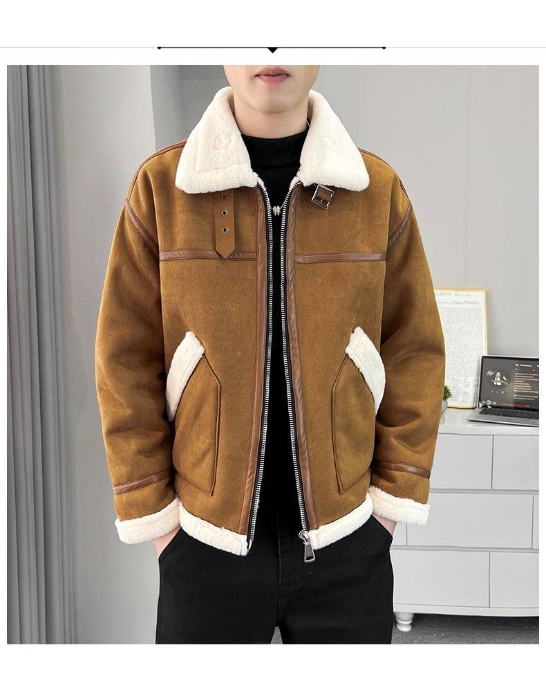 Men's Faux Shearling Lamb Fur Jacket Winter Loose Fit Stand Collar Motorcycle Coat Fleece Lined Thick Warm_voghion.com