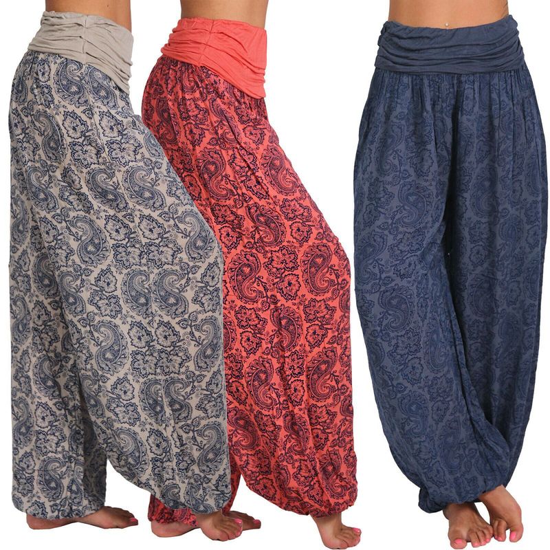 Roupas femininas Impressão digital Calças longas e largas Calças casuais Calças harém_voghion.com