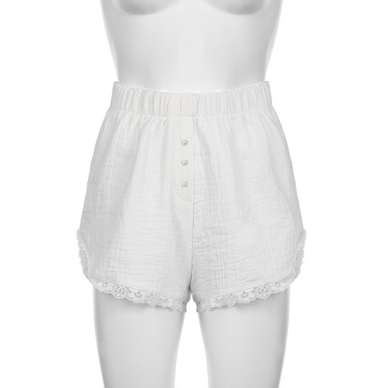 Damen Sommer Shorts Gestreift Gewebt Elastisch Hohe Taille Knopf Locker Lässig Bequem Basic_voghion.com