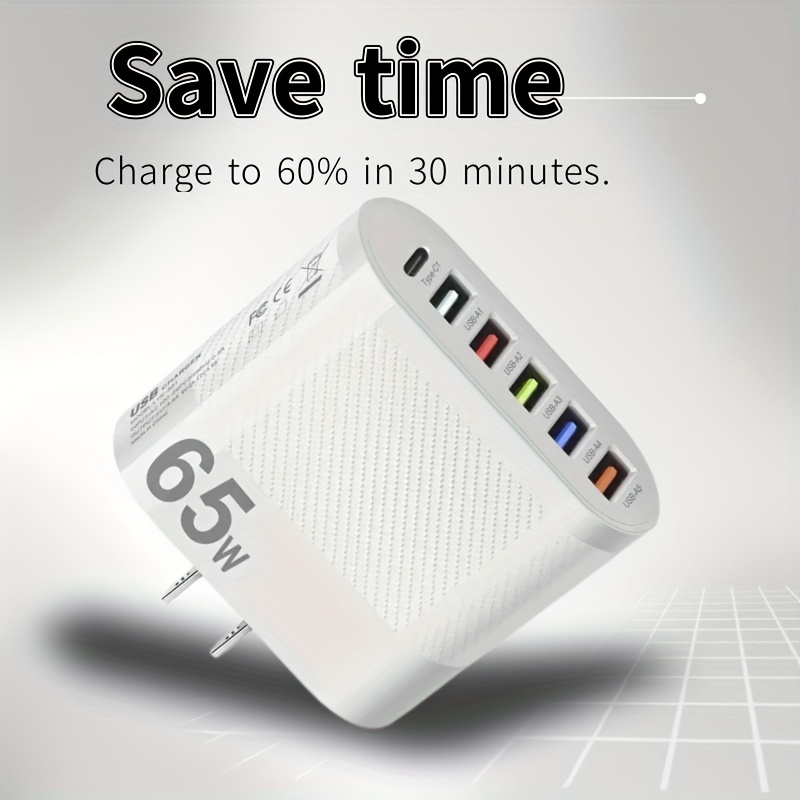 Universele 65W 6-poorten snel opladen PD-wandladers Snel opladen, USB-C-reisadapter met meerdere poorten voor_voghion.com