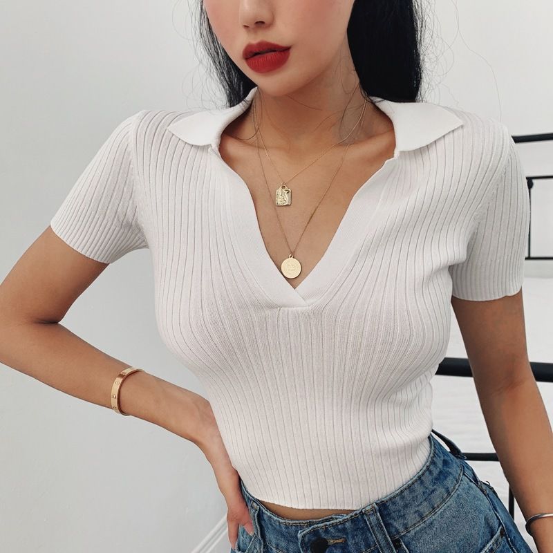 Women's Clothing Summer Retro Lapel Shirt Knitted Short Sleeve T Shirt V Neck Slim Short Navel Exposed Top_voghion.com