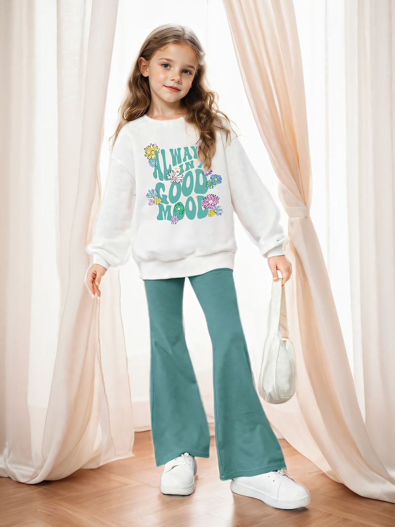 Mamm & Kanner INS Meedercher Meedercher Blummen- a Sloganmuster Pullover mat ofgeklappter Schëller an ausgeklappter Hosen Zwee-Stéck-Set_voghion.com