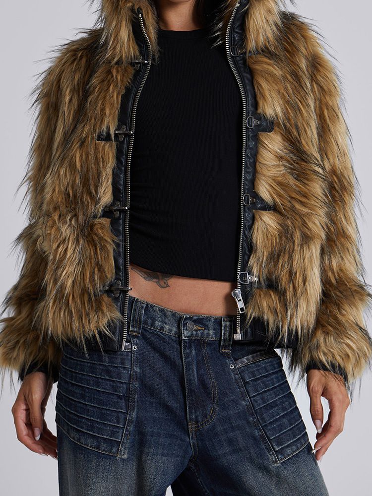 Giacca in pelliccia sintetica con cerniera e fibbie in metallo, cappotto oversize streetwear con cappuccio, capospalla invernale da donna_voghion.com
