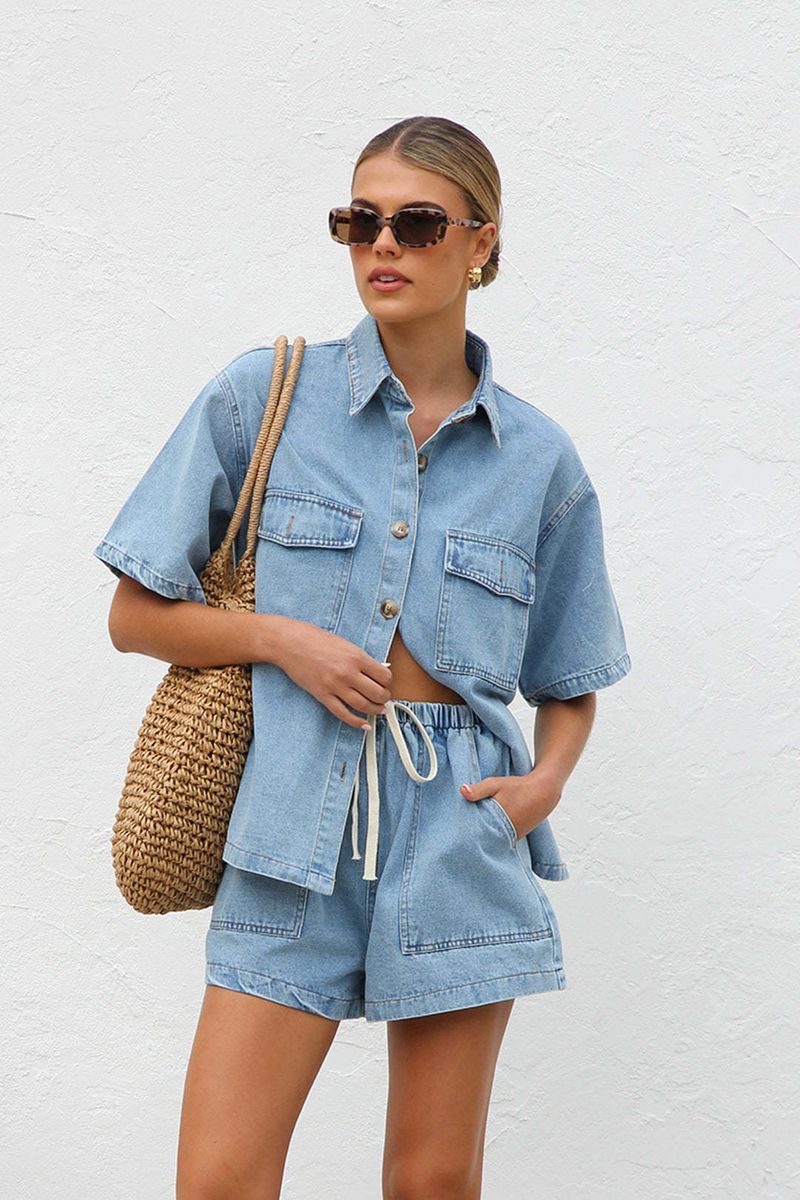 Vêtements pour femmes Chemise décontractée à manches courtes et poches amples Ensemble deux pièces en jean_voghion.com