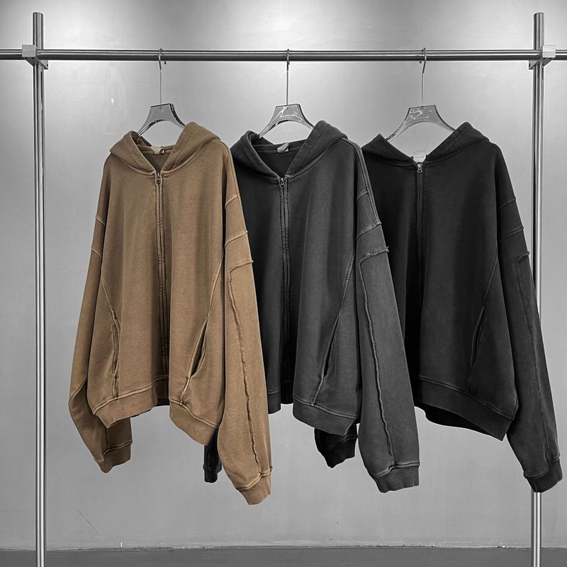 430GSM Wax-Dyed Distressed Hooded Jacket – Raw-Edge Zip-Up Overshirt (Unisex Vintage Streetwear, Boro Wash Effect)_voghion.com