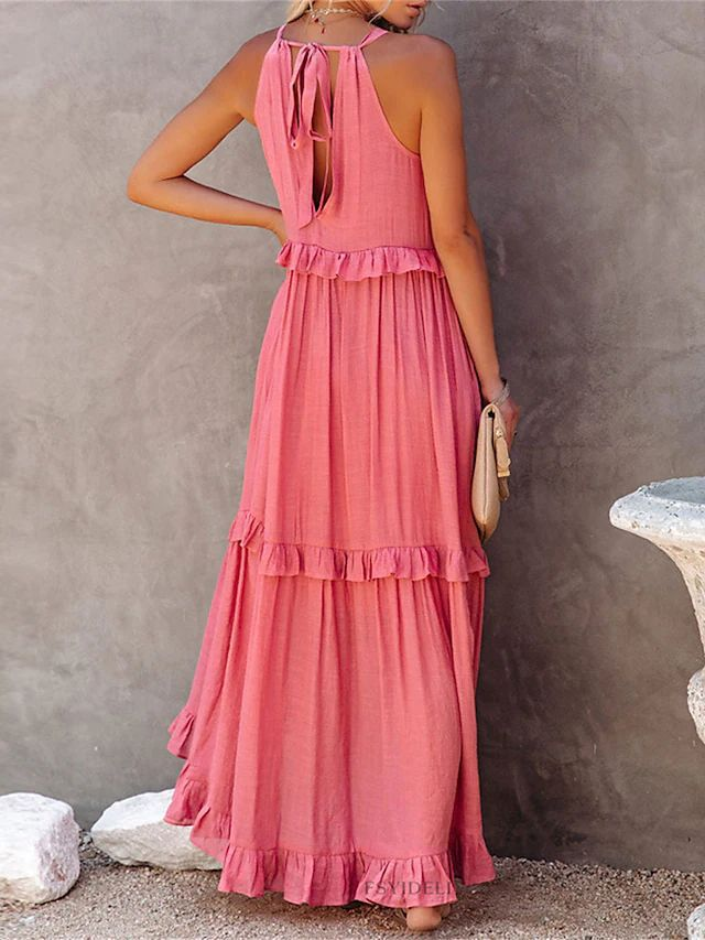 Vestidos largos con volantes estilo festivo para mujer Vestidos de playa fluidos con gran oscilación_voghion.com