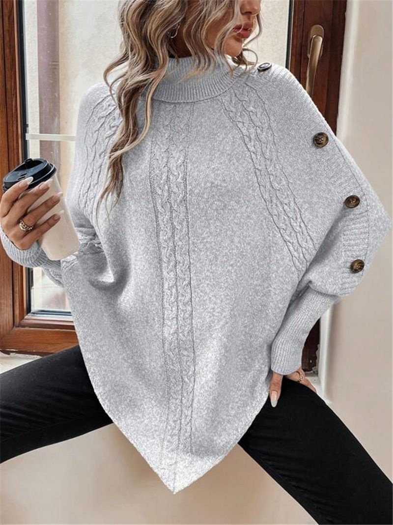 Women's Chunky Batwing Sweater With High Neck Button Details - Oversized Cable Knit Pullover For Fall & Winter (Khaki,_voghion.com