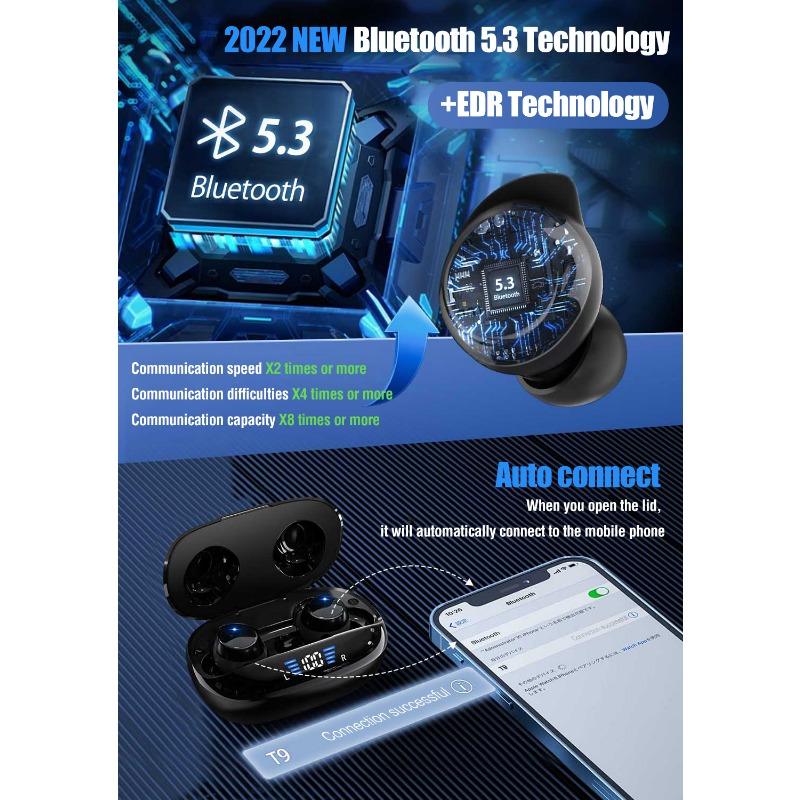 Słuchawki douszne T9 TWS Bluetooth Bezprzewodowe słuchawki douszne z redukcją szumów Słuchawki sportowe bez użycia rąk do urządzeń Apple z systemem Android i Huawei_voghion.com