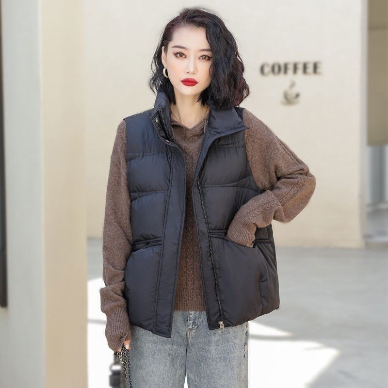 Women's Quilted Sleeveless Down Vest, Lightweight Winter Puffer Gilet With Stand Collar, Slim Fit Fleece Lined Jacket For Layering_voghion.com