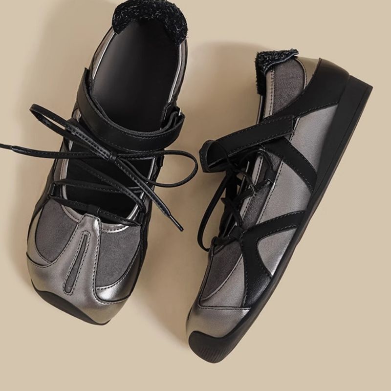 Genuine Leather Version ~ Functional Style Sports Square Toe Ballet Shoes For Women Versatile Cross Strap Velcro Shallow_voghion.com