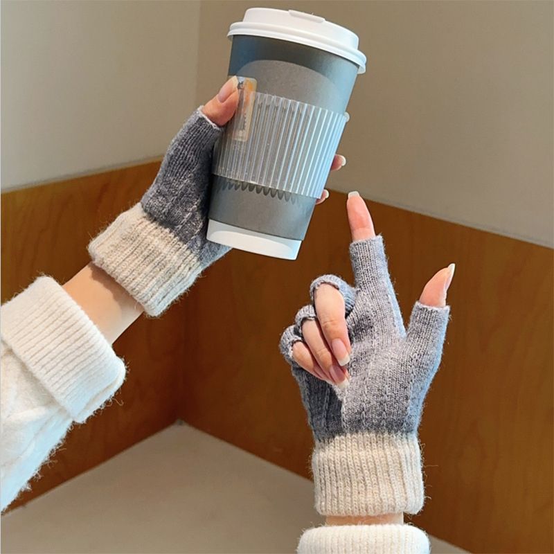 Winter Student Half-Finger Knitted Wool Fleece Touchscreen Writing Cycling Anti-Slip Fingerless Warm Gloves_voghion.com