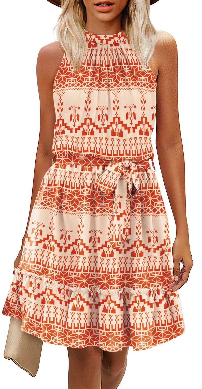 2023 Frühling und Sommer, A-Linien-Rock, Neckholder, florales Schnür-Tunika-Kleid mit offenem Rücken_voghion.com