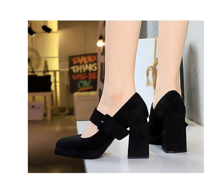 9613-6 style high thick heels, waterproof platform, suede, straight line with belt buckle, shallow mouth Mary Jane_voghion.com
