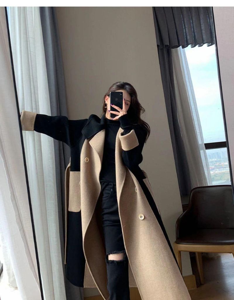 Hepburn Style Coat Women, Long 2025 Winter New High-End Elegant Slimming Color-Block Woolen Overcoat For Women_voghion.com
