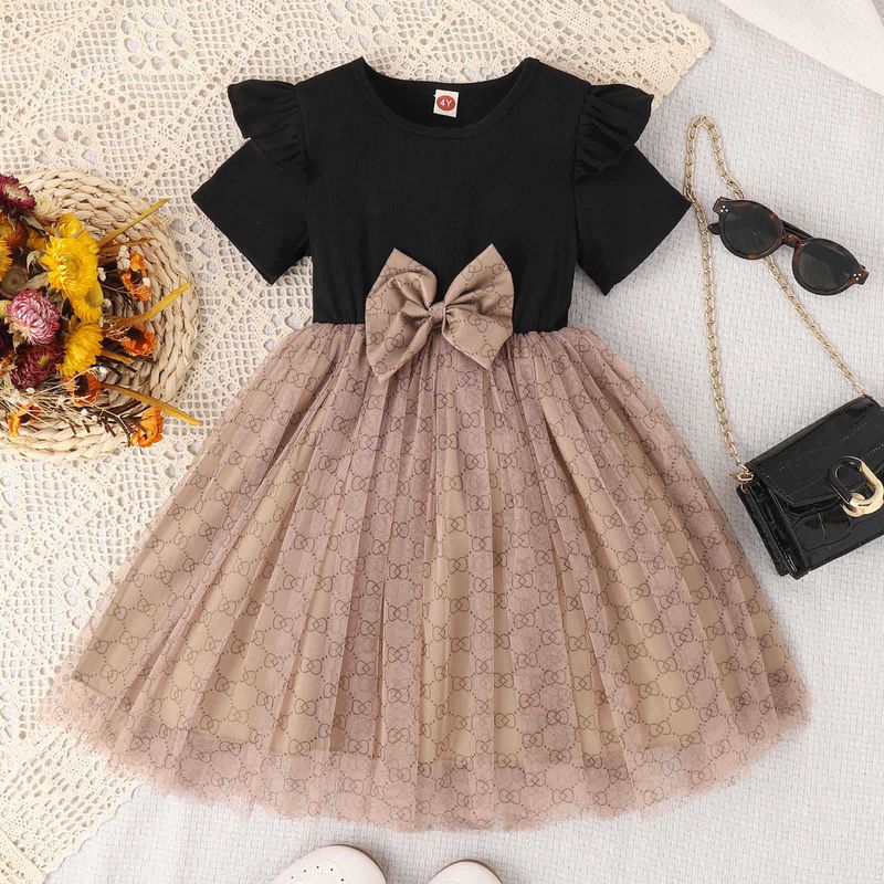 Roupas de bebê infantil respirável manga curta estampa presbiteriana com saia de malha laço vestido para meninas_voghion.com
