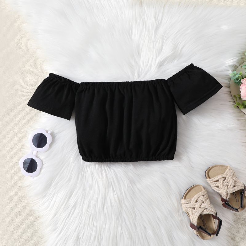 Top corto monospalla per mamma e bambini, alla moda, leopardato, con spalle scoperte e pantaloni a zampa con stampa leopardata, set da 2 pezzi - Nero (90 cm-130 cm)_voghion.com