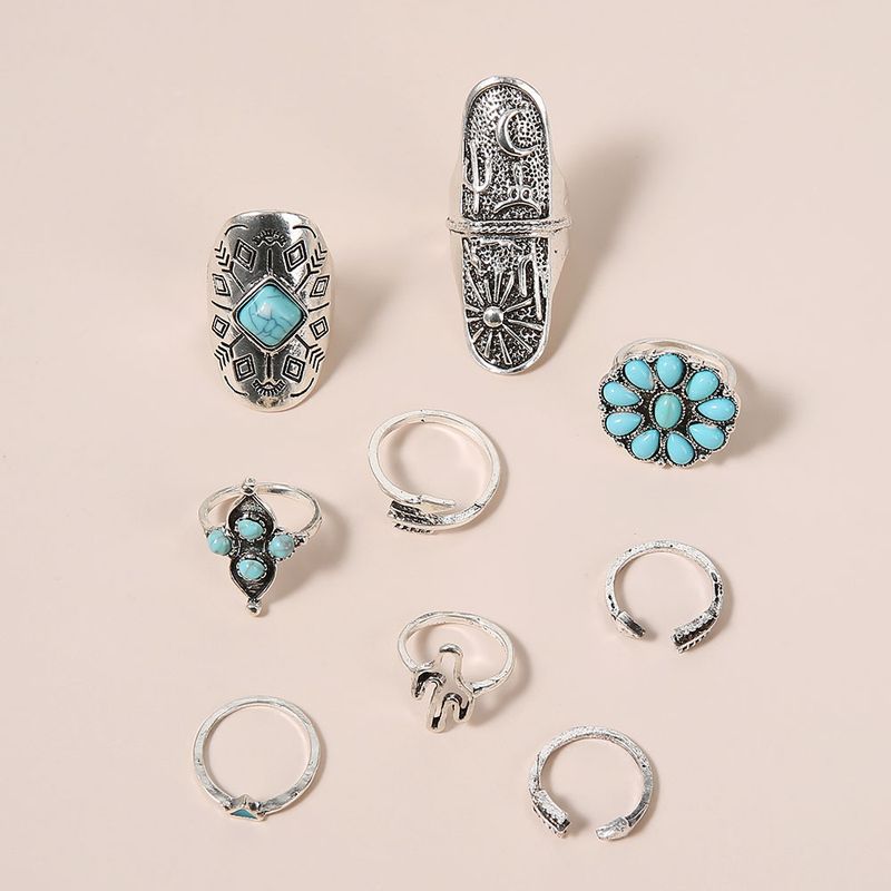 Jewelry Cactus Turquoise Sunflower 9-piece Alloy Set Ring_voghion.com