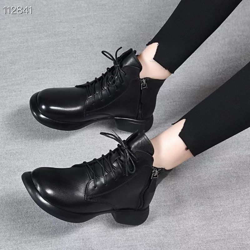 2025 Autumn Winter New Style Short With Turn-down Collar, Double Zipper Martin Top Layer Cowhide Flat Boots, Women's_voghion.com