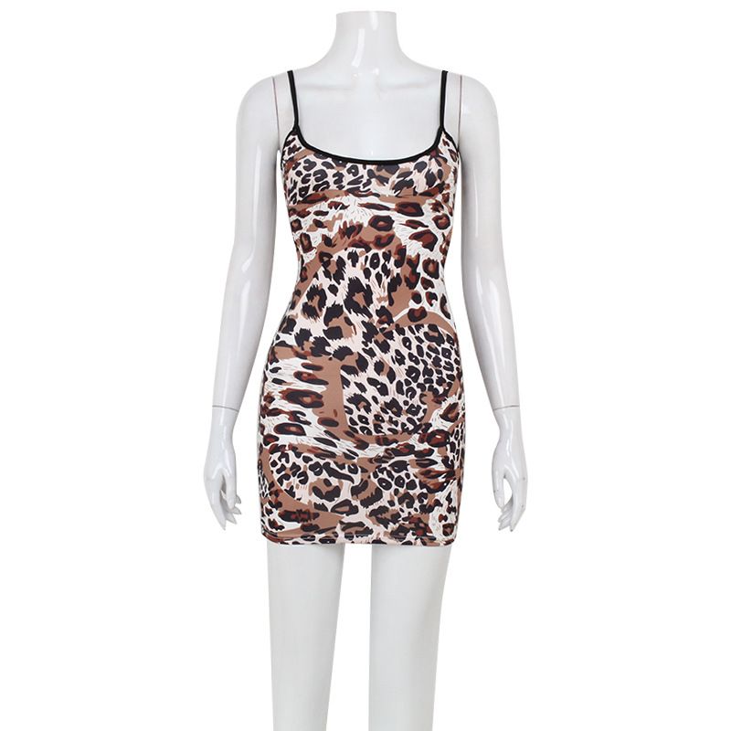 Vestito estivo aderente e snellente, senza maniche, con bretelle, stile piccante, alla moda, con stampa leopardata e avvolgente_voghion.com