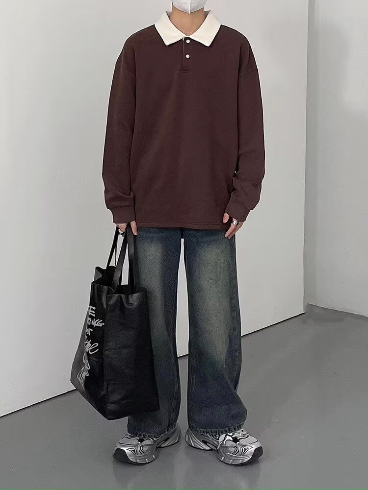Men’s Retro Color-Block Polo Sweatshirt – Long Sleeve, Loose Fit, Embroidered Collar, Fall Casual (M-3XL, Brown Stripe)_voghion.com