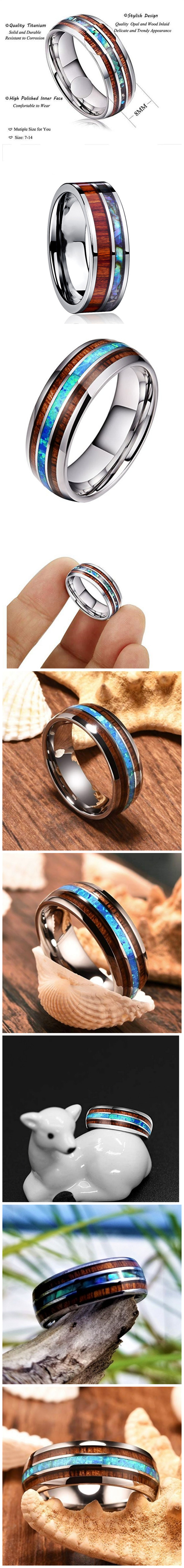 Snubní prsten s klenutým havajským opálem, intarzií z imitace meteoritu, karbidem wolframu, dřevěnými prsteny koa pro muže a ženy, modrý_voghion.com