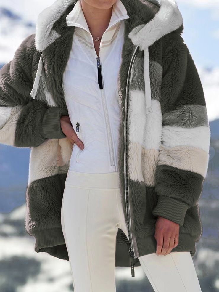 Damenbekleidung Neue Herbst- und Winterjacke mit lockerem Plüsch und mehrfarbiger Kapuze_voghion.com