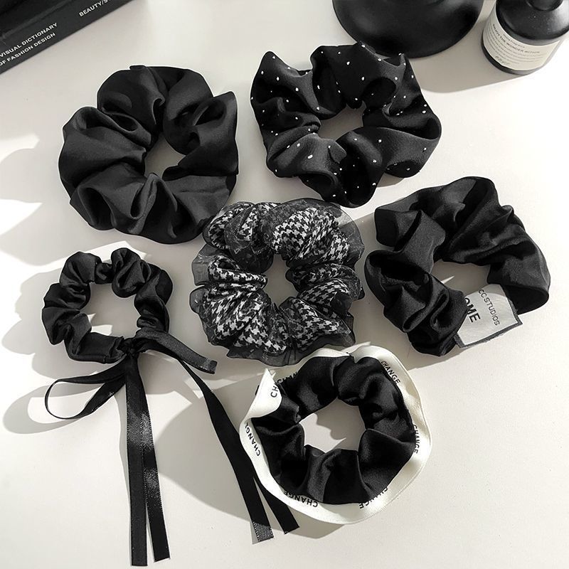 Koreanischer Stil High-End Schwarz Satin Elegante Scrunchie Band Mesh Dot Strass Rand Luxus Krawatte Haar Accessoire_voghion.com