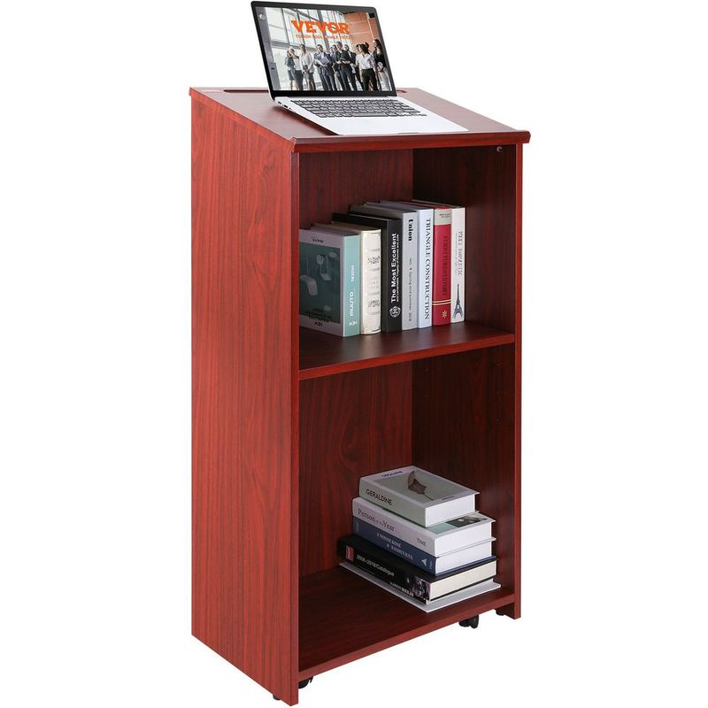 Podium Stand, 47 Inch Hostess Stand With 4 Rolling Wheels, Wood Podium With Storage Shelves And Slant Desktop, Lecterns & Podiums For Home, Off_voghion.com