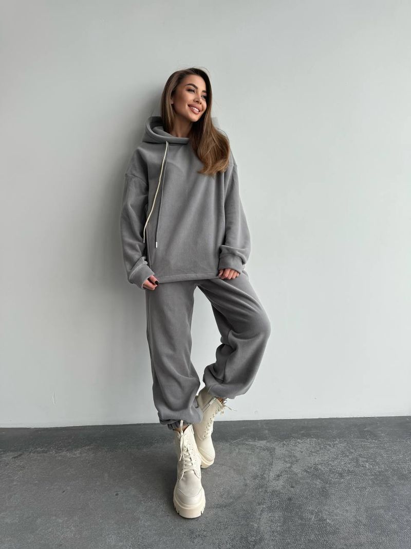 Conjunto de sudadera con capucha extragrande y pantalón jogger para mujer - Conjunto de dos piezas con forro polar en gris y caqui | Comodidad con cordón y estilo urbano_voghion.com