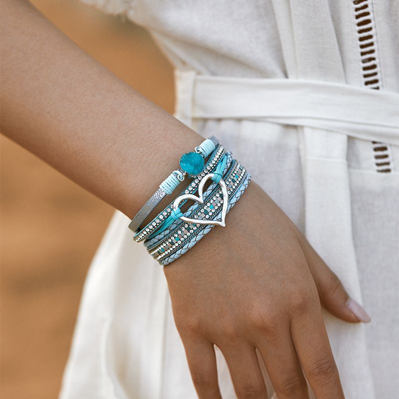 Set di bracciali a strati bohémien - Bracciale rigido regolabile a cuore aperto e catena con perline_voghion.com