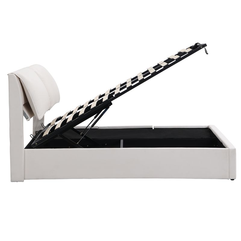 Lit coffre hydraulique 140 x 200 cm, 3 tiroirs, cadre de lit capitonné en velours beige avec sommier à lattes et tête de lit, matelas non inclus._voghion.com