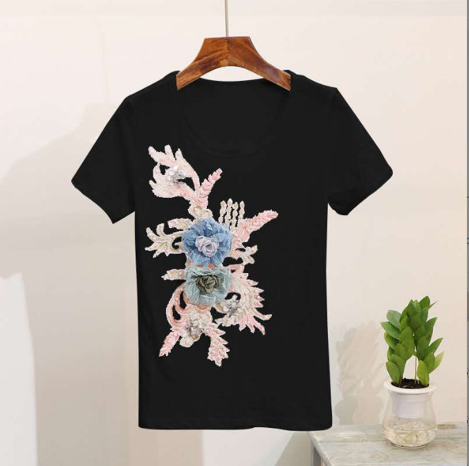 Kadın Versiyonu Ağır Boncuklu Nakış Kısa Kollu + Dar Yırtık Kot Pantolon Kadınlar İçin Takım_voghion.com