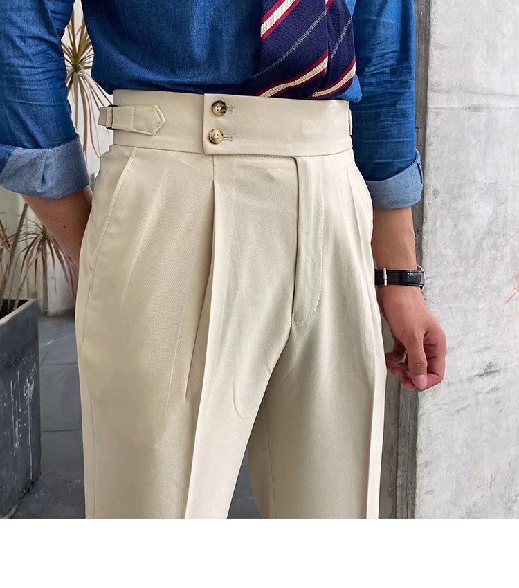 Herrenbekleidung Einfarbige Neun-Punkt-Hose mit hoher Taille Temperament Lässige Business-Hose mit italienischen Pariser Knöpfen Herrentrend_voghion.com