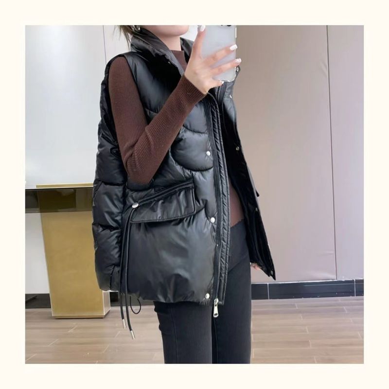 Gilet trapuntato leggero da donna, giacca senza maniche con collo alto, capospalla casual in stile coreano, nero e champagne_voghion.com