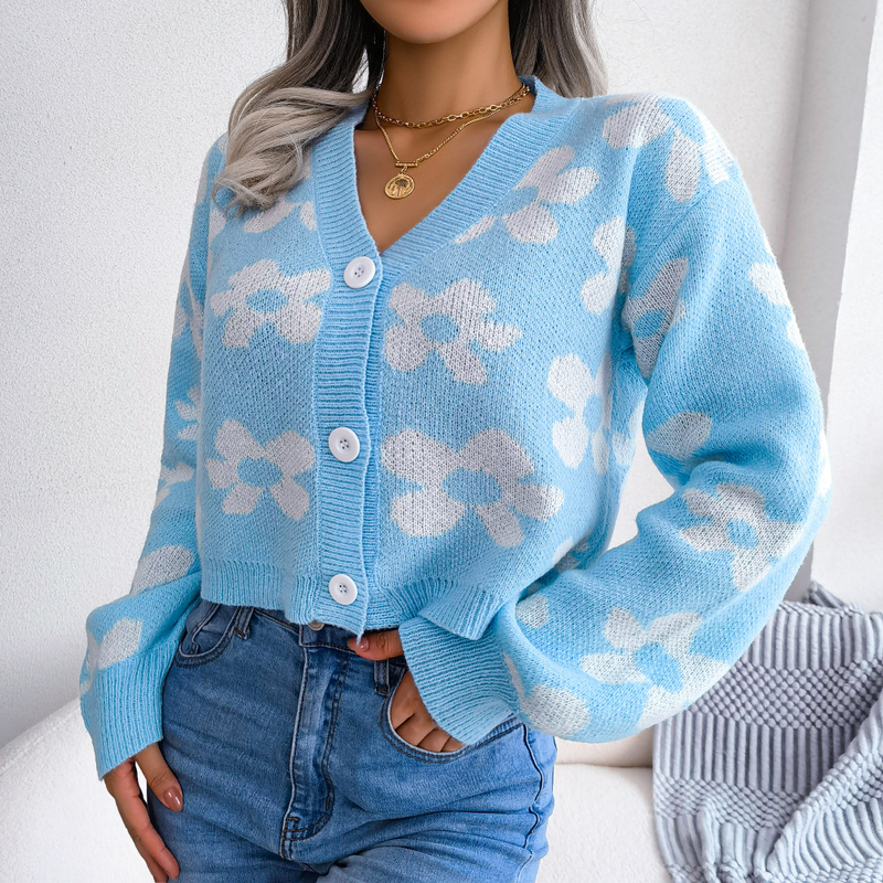 Internet-Promi-Stil Herbst-Winter-Mode Color-Block Floral Laterne Ärmel Strickjacke Pullover Mantel Damenbekleidung_voghion.com