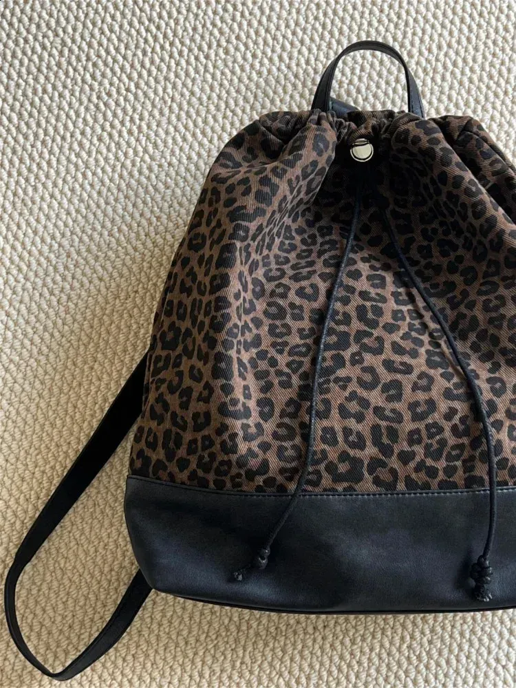 Fashion Y2k Womens Casual Street Leopard Print Drawstring Bag Large Capacity Rucksack Bolsos De Mujer 240829_voghion.com