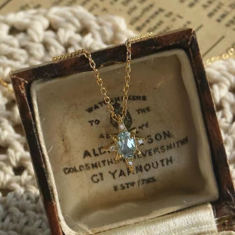 S Sterling Sëlwer Vergoldete 14K Gold Achtspëtzeg Stär Halskette Fir Fraen Minimalistesch Design. Blo Zirkon Anhänger Mat_voghion.com