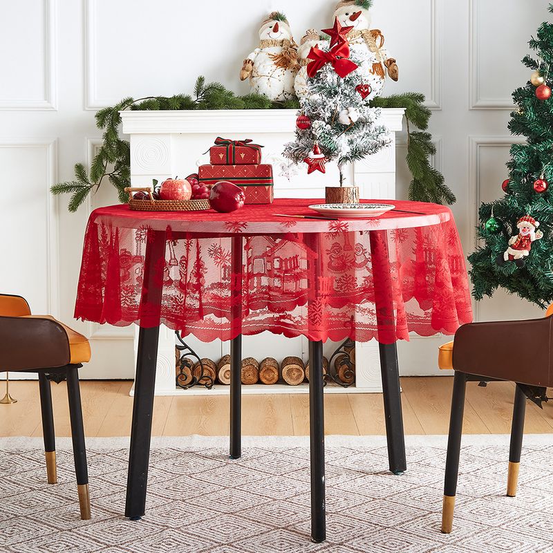 Tovaglia natalizia con bordo in pizzo - Decorazione natalizia rossa per tavoli rotondi e rettangolari (poliestere, lavabile, retro antiscivolo)_voghion.com
