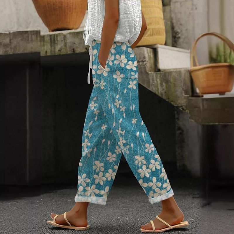 Heißer verkauf Kordelzug Blumendruck Elastische Taille Haremshose Boho Schnürung A-Linie Kleid Set für Frauen Strand Büro_voghion.com