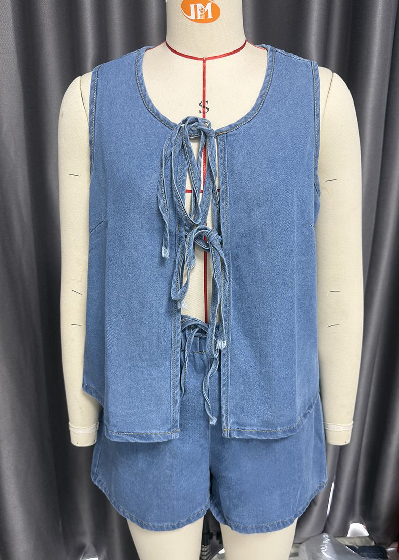 Chaleco vaquero corto de cintura alta con cordones y sin mangas para mujer, estilo informal de verano_voghion.com