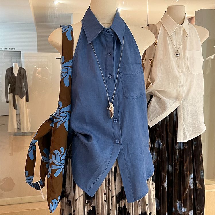 Camicia senza maniche blu per donna, stile estivo, stile old money, moda francese, gilet con spalle scoperte, casual elegante di alta qualità_voghion.com