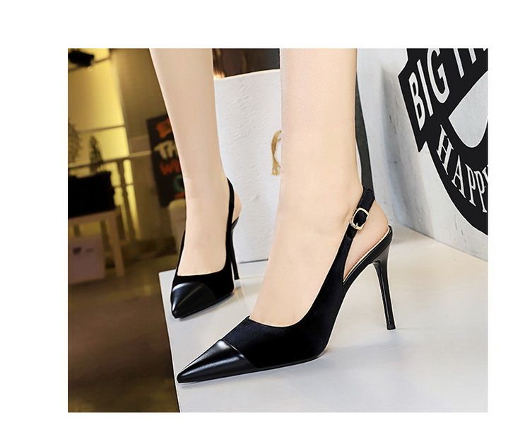 High-heeled women's shoes light velvet with thick suede splicing pointe back hollow back strap single shoes_voghion.com