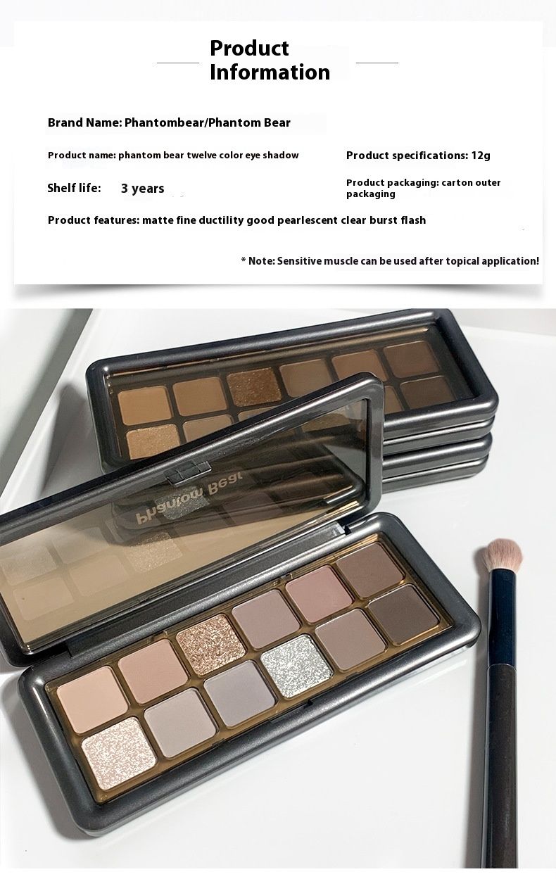 Phantom Bear Lidschattenplatte mit 12 Farben, Erdfarben, Perlglanz, matt, schwer abzunehmen, Make-up-Zementplatte, Make-up-Lidschatten_voghion.com