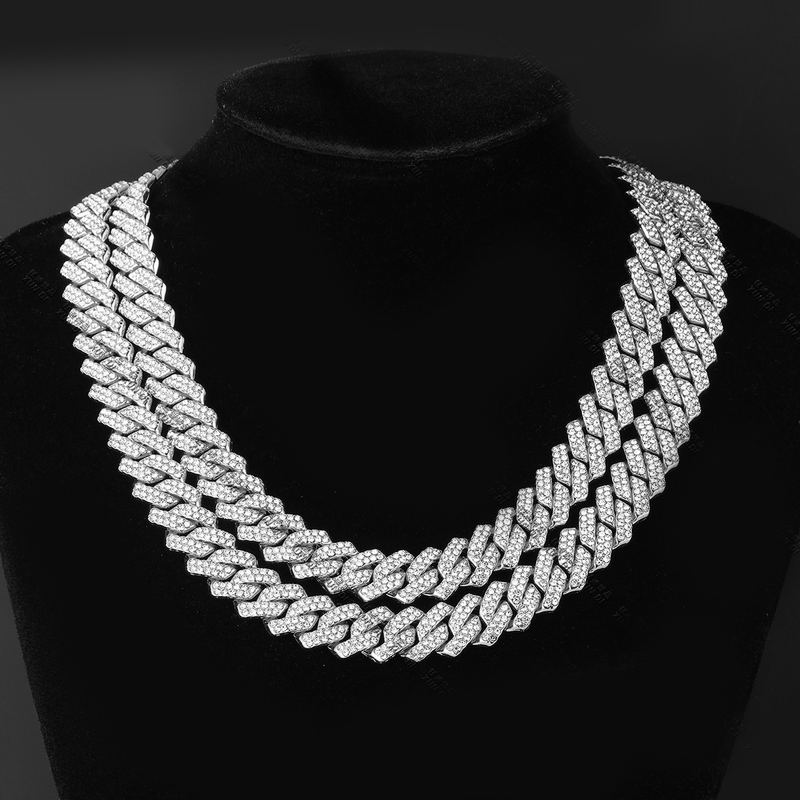 13MM Rhombus Prong Cuban Link Chain 2Row Iced Out Rhinestones Rapper Necklaces Bracelet For Men Women Choker Men Jewelry_voghion.com