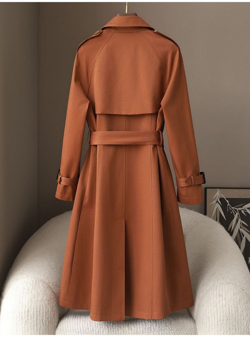 Women's Slim Fit Long Trench Coat With Double Breasted Buttons, British-Inspired Design, Mid-Weight Cotton Blend, Elegant & Versatile For Work_voghion.com