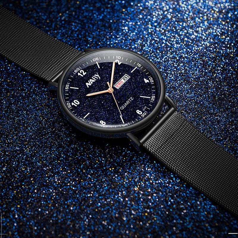 Reloj de pulsera de cuarzo para hombre Yamaler NARY con esfera redonda, calendario luminoso y números en forma de estrella_voghion.com