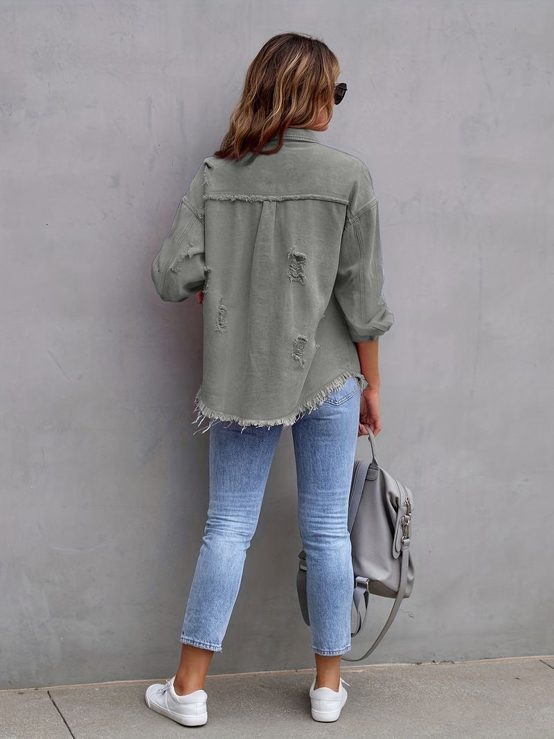 Giacca in denim effetto used da donna, oversize, a maniche lunghe, casual, in tinta unita_voghion.com
