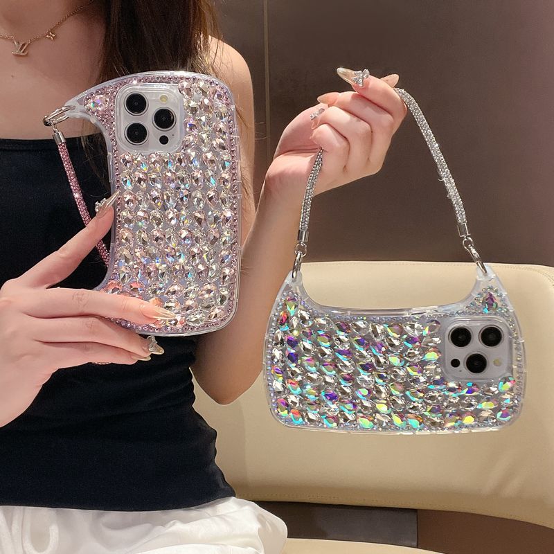 High-end Crystal Bag With Single Shell Same Style Flash Diamond Strap Phone Case For IPhone 16 Pro Max 15 Pro 14 13 12 11 Case_voghion.com