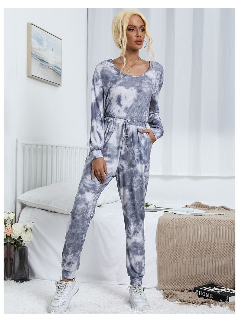 Dameskleding onafhankelijke station spot kleding tie-dyed ronde hals lange mouwen trekkoord broek jumpsuit_voghion.com
