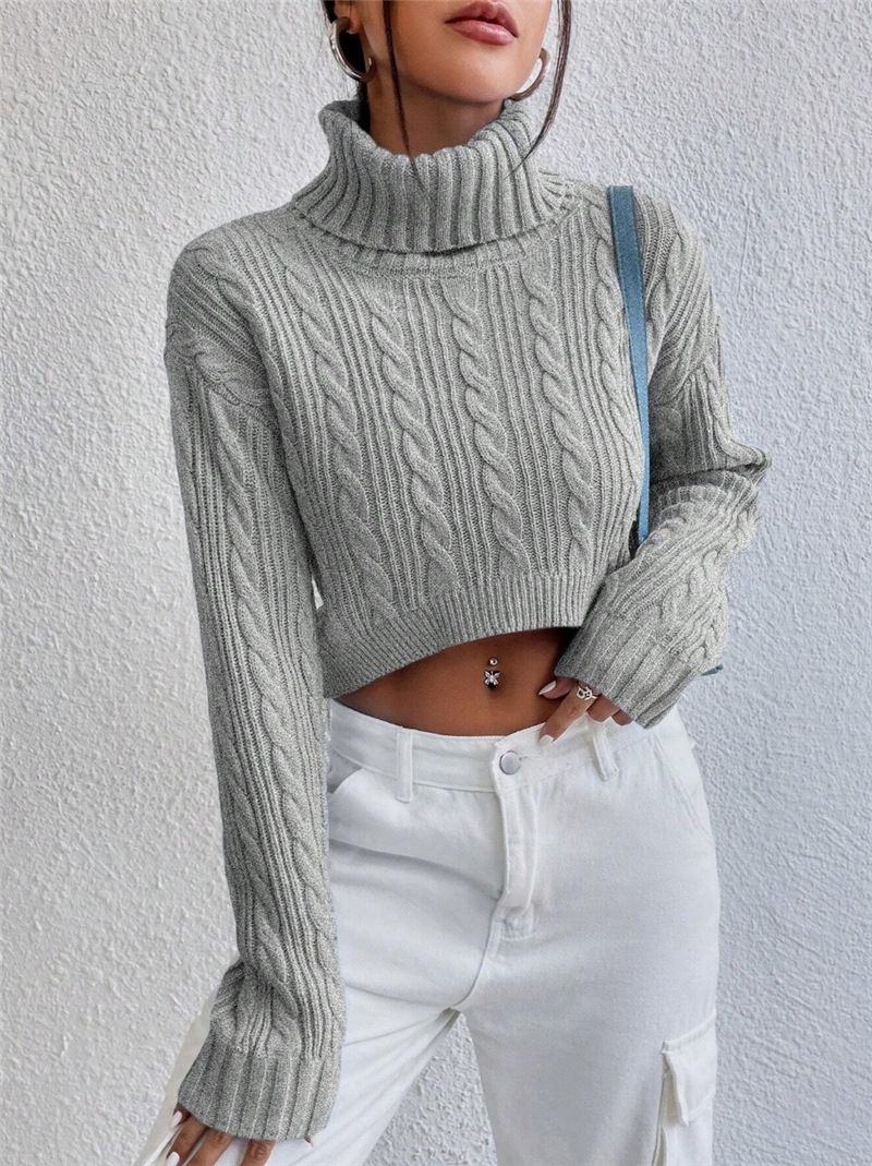 Cropped Cable Knit Sweater – Oversized High-Neck Pullover For Women (Blue/Pink/Gray, S-L)_voghion.com